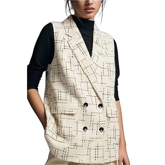 Anthropologie Maeve Tweed Vest White Black US 0 Chic Business Career Classic - Picture 2 of 14